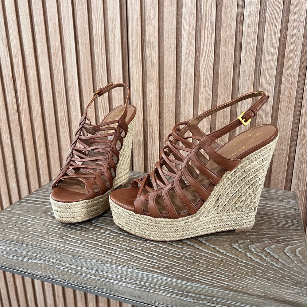 Elie Tahari Tan Strappy Wedge Sandals